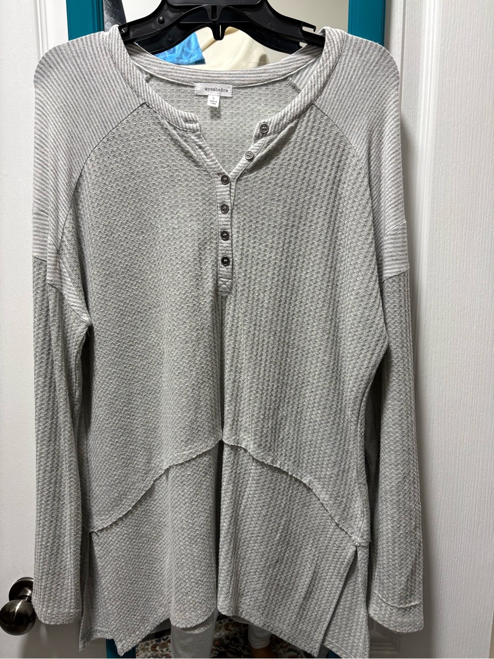 Eyeshadow Light Gray Waffle Henley Long Sleeve Top